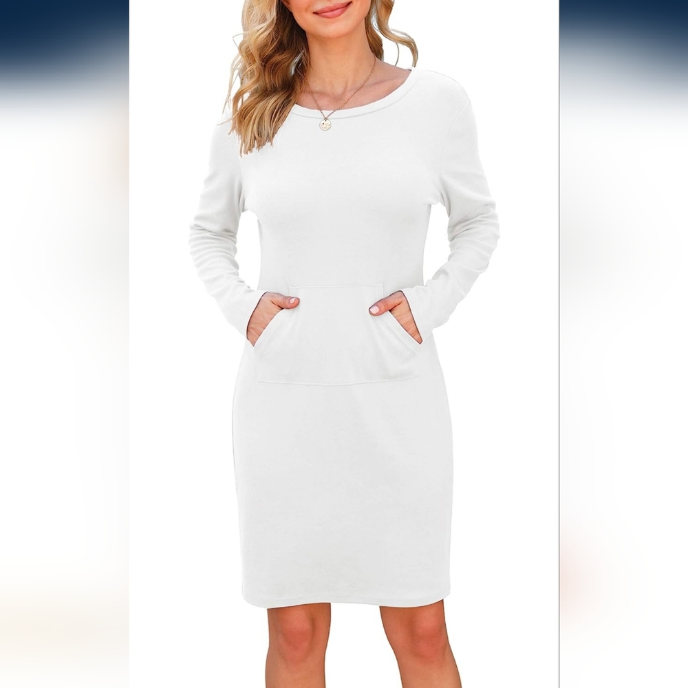 Women Long Sleeve Round Neck Slim Fitted Sweatshirt Dress with Pocket